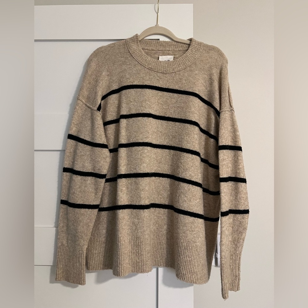 Aerie Tan and Black Striped Crewneck Sweater